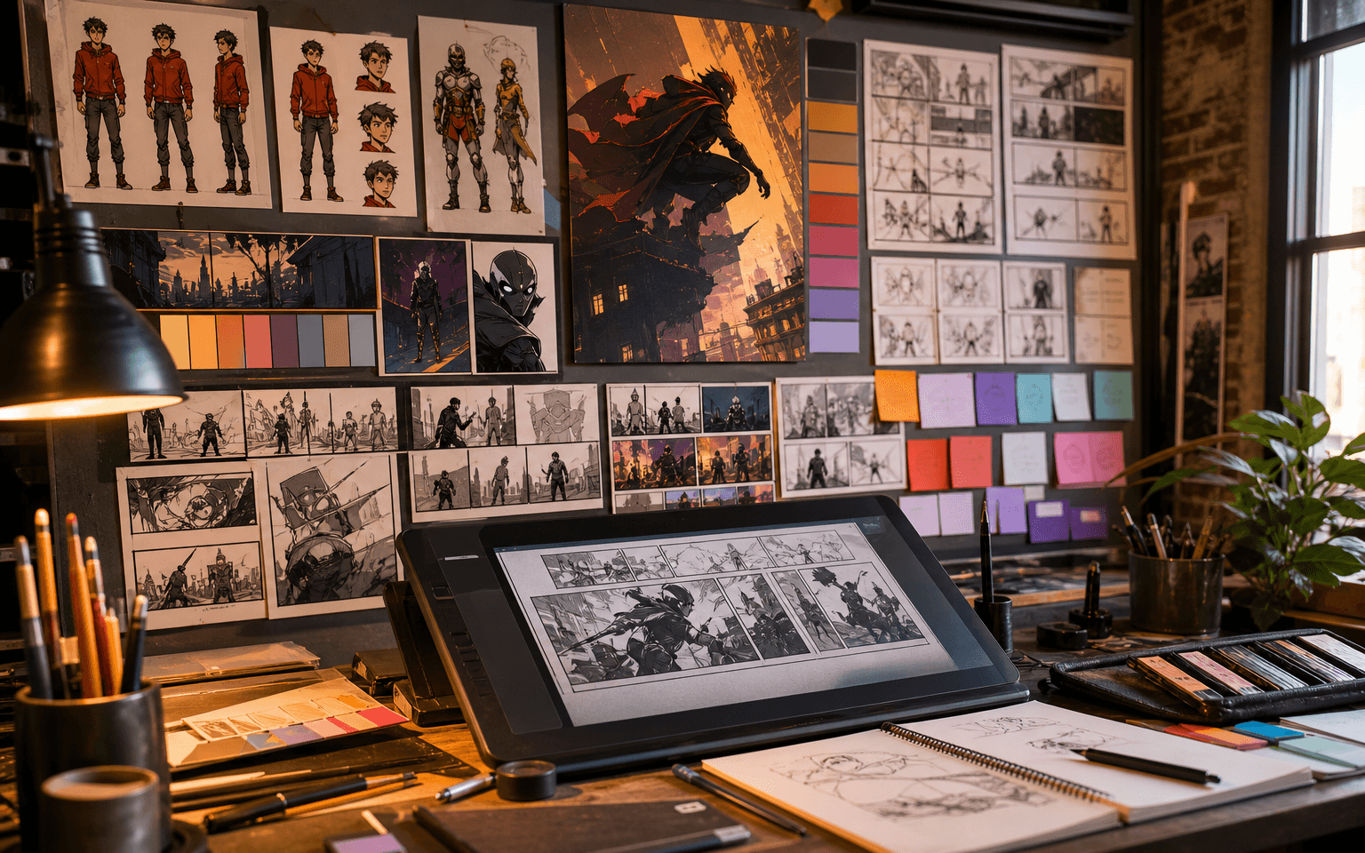 A comic production workspace with storyboard panels, character references, asset checks, and review gates.