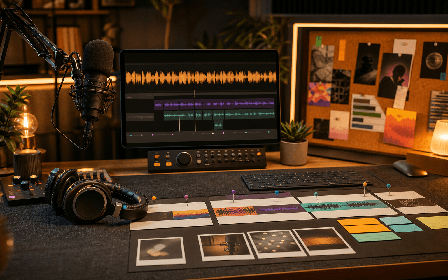 A podcast production workspace with episode sources, script draft, chapters, shownotes, and delivery checklist.
